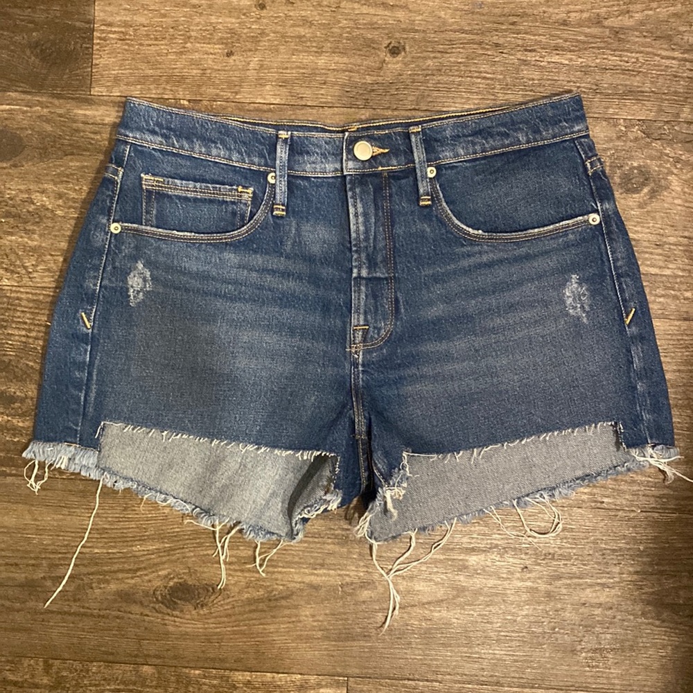 Good American Dark Blue Distressed Denim Jean Shorts